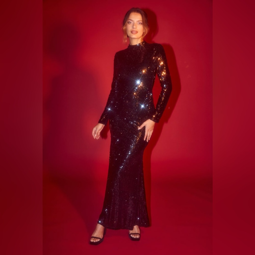 Shimmer In the Night Black Sequin Backless Mermaid Maxi Dress
